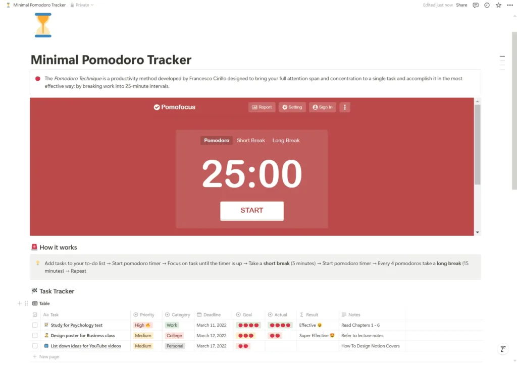 Minimal Pomodoro Tracker Template Embedded in Notion