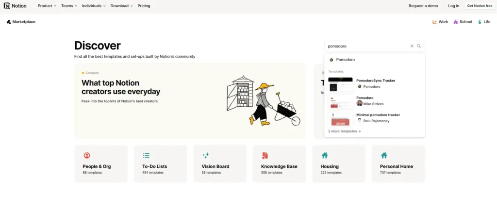 Pomodoro Notion Marketplace Search